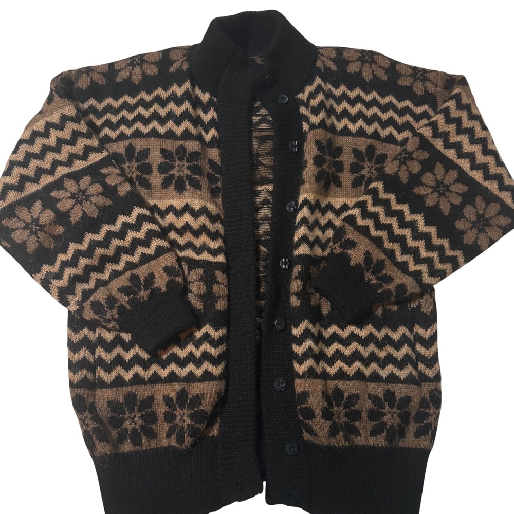 Vintage 80s–90s Mohair Wool Fair‎ Isle Cardigan Beige Black Geometric Longline